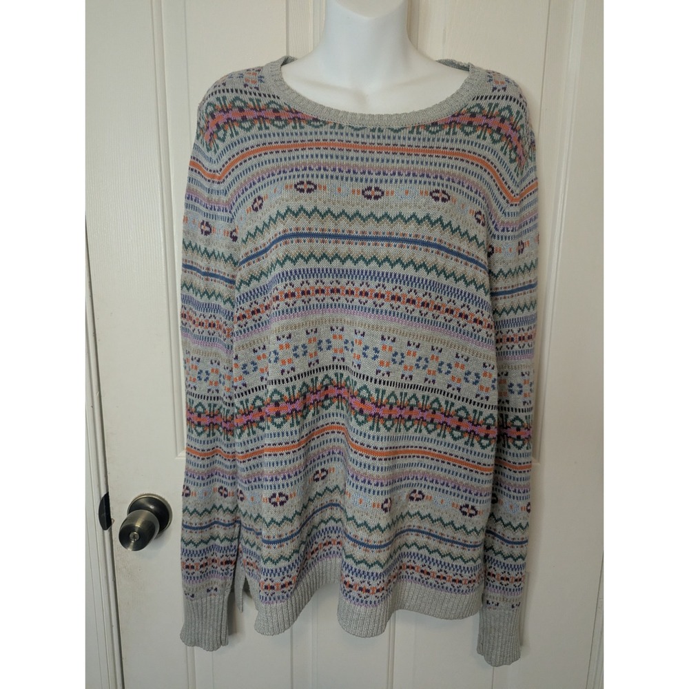 Chaps Denim Womens XL Fair Isle Knit Sweater Gray Multi Color Crew Neck Pullover